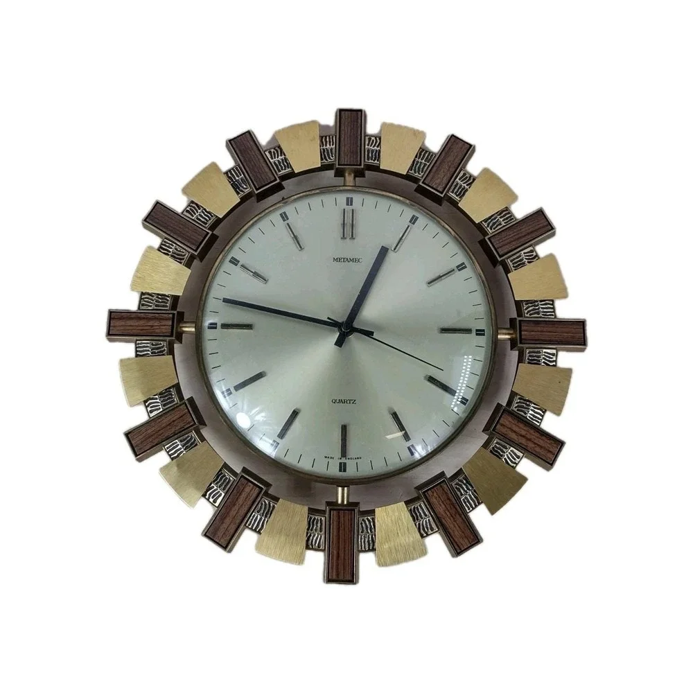 Vtg Metamec Mid-Century Modern Sunburst Wall Clock Brass Color Faux Wood England